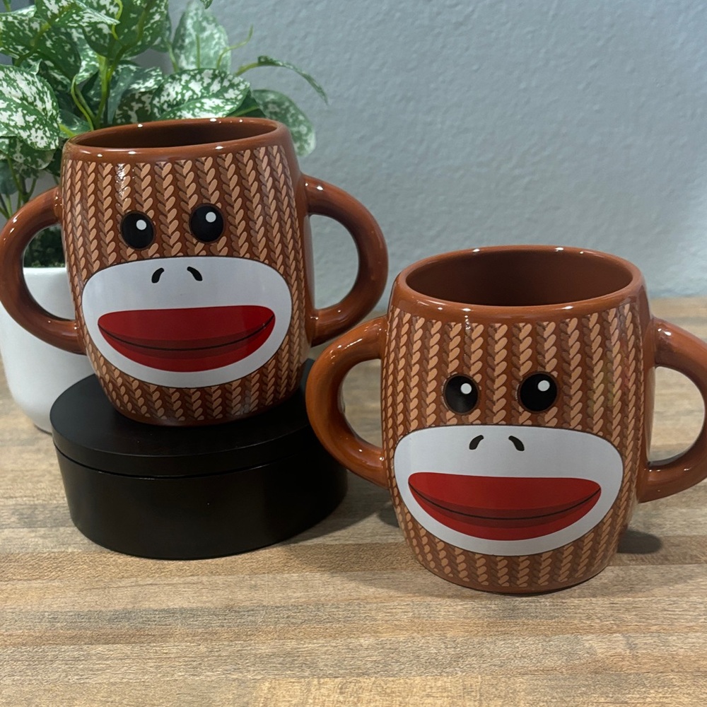 2 ~ Brown Sock Monkey Ceramic Mugs with Double Handles